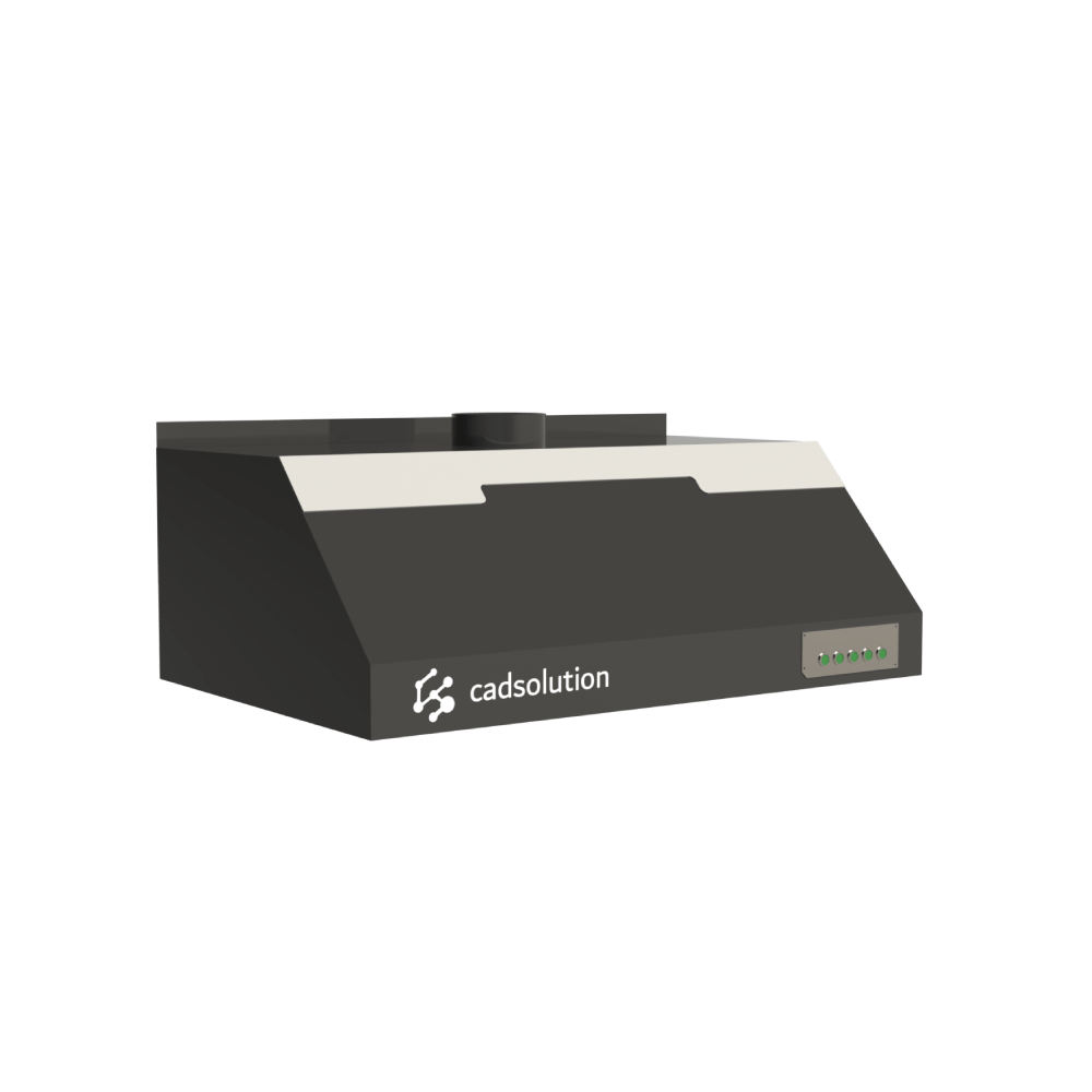 Hotte suspendue de laboratoire grise installée au plafond pour extraction vapeur.