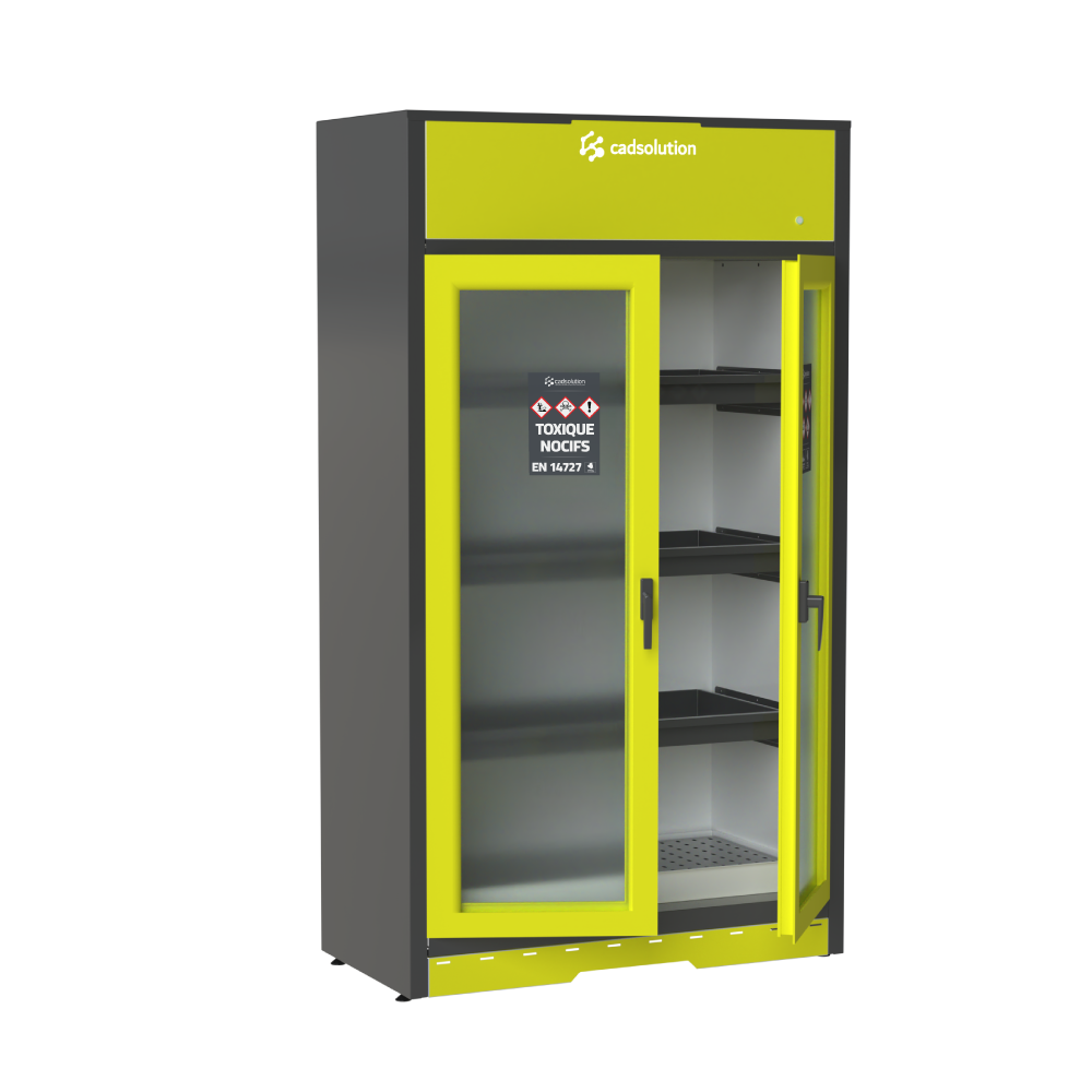 Armoire de sécurité produits toxiques porte vitrée avec caisson de filtration.