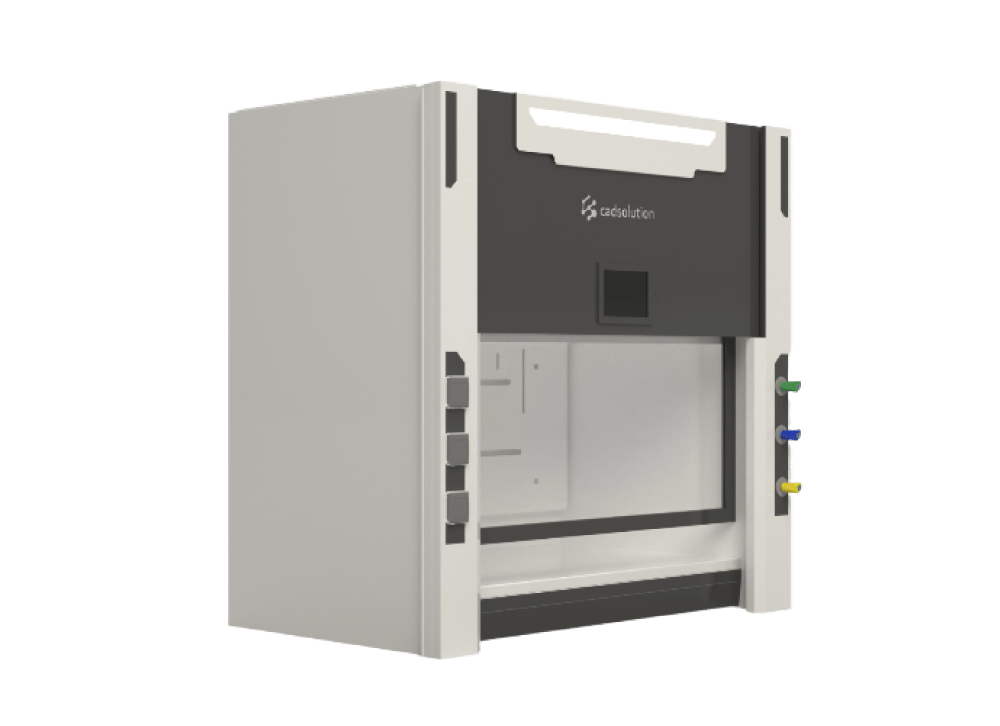 Intérieur sorbonne compacte avec plan HPL, déflecteurs d'air et robinetterie laboratoire.