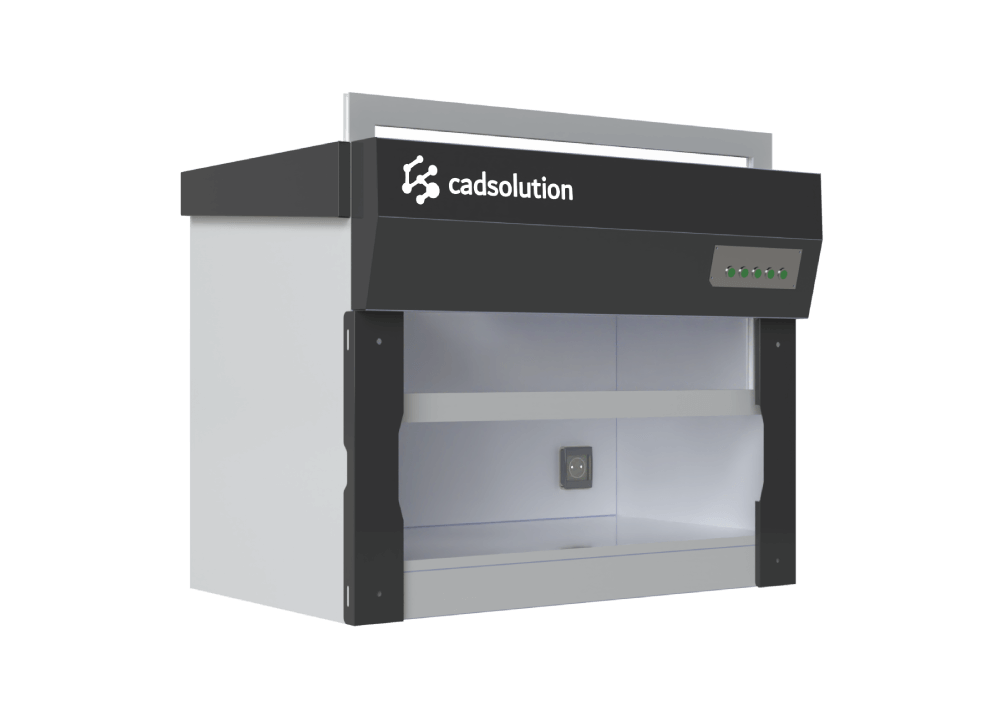 Mini hotte chimique de laboratoire blanche avec vitre motorisée et bandeau de commande gris.