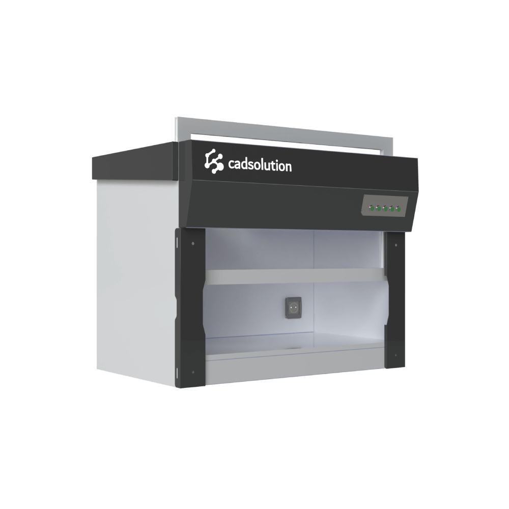 Mini hotte chimique de laboratoire blanche avec vitre motorisée et bandeau de commande gris.