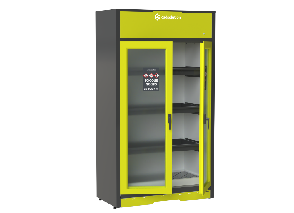 Armoire de sécurité produits toxiques porte vitrée avec caisson de filtration.