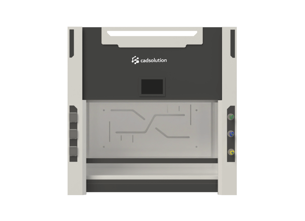 Hotte chimique sur paillasse compacte avec écran tactile et vitre motorisée.
