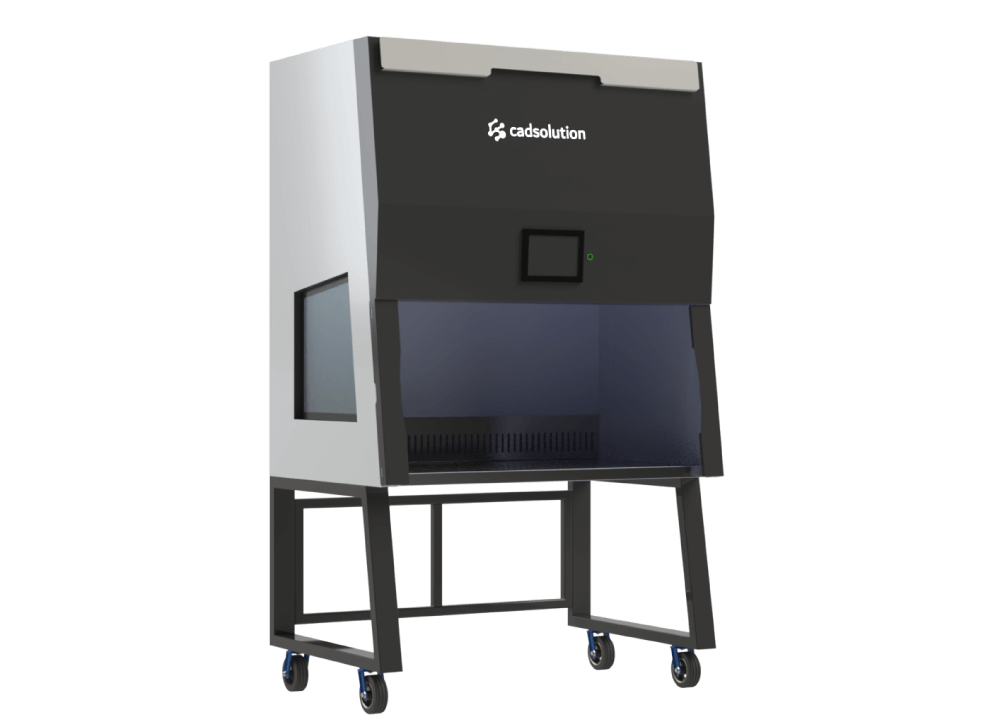 Hotte microbiologique à flux laminaire blanche avec écran tactile et plan de travail inox.