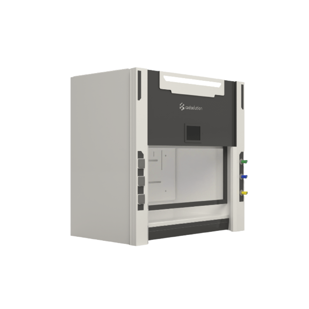 Hotte chimique sur paillasse compacte avec écran tactile et vitre motorisée.