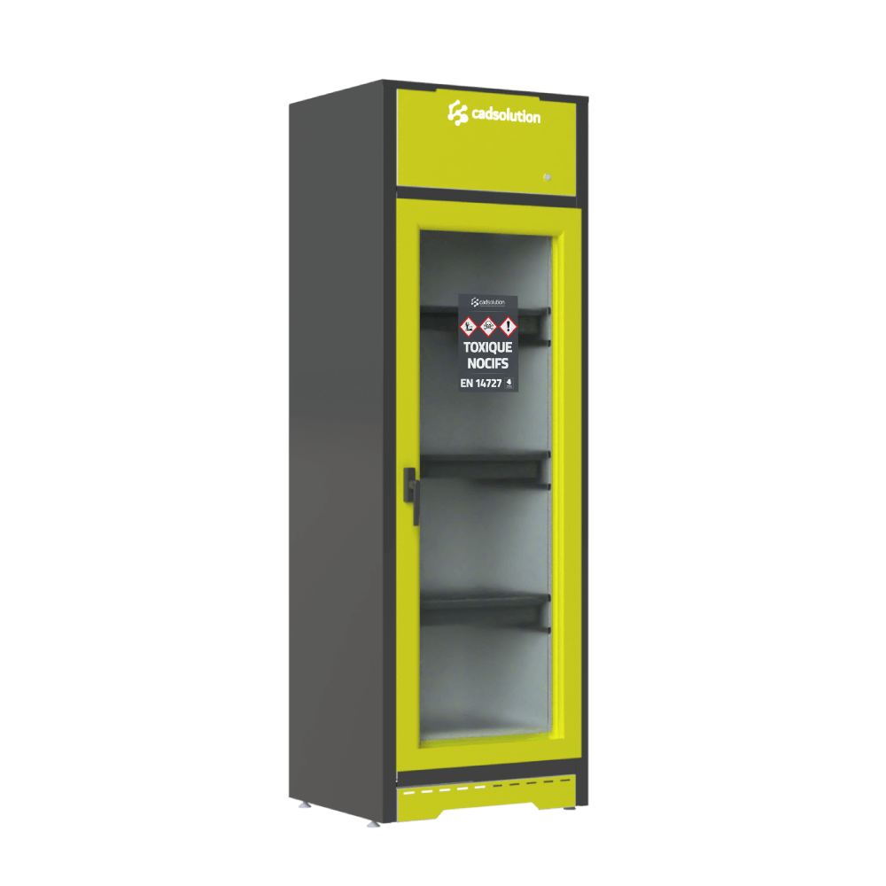 Armoire de sécurité produits toxiques porte vitrée avec caisson de filtration.