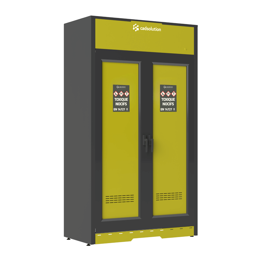 Armoire de stockage produits nocifs 2 portes battantes avec étagères coulissantes.