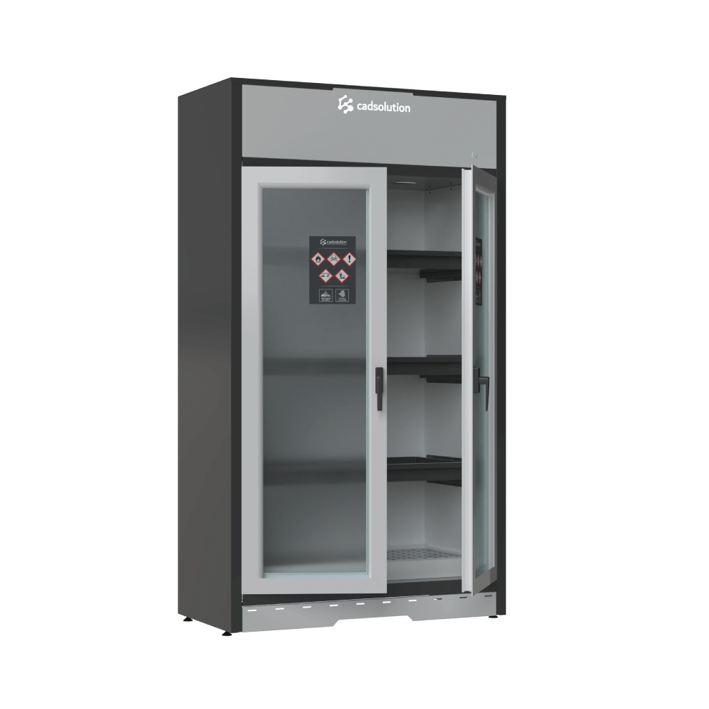 Armoire de sécurité produits corrosifs portes vitrées avec compartiments acides et bases.