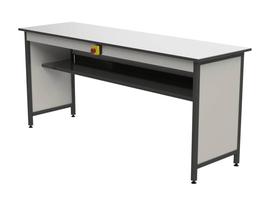 Paillasse scolaire version sèche avec plan de travail HPL et arrêt d'urgence.