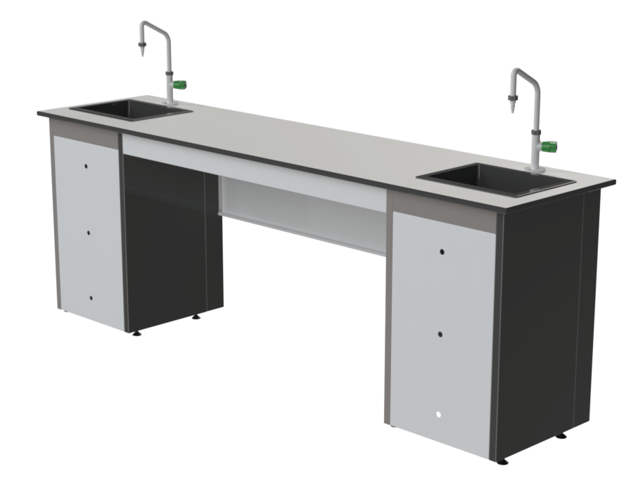 Paillasse de préparation laboratoire scolaire en îlot central avec deux éviers et robinetterie.