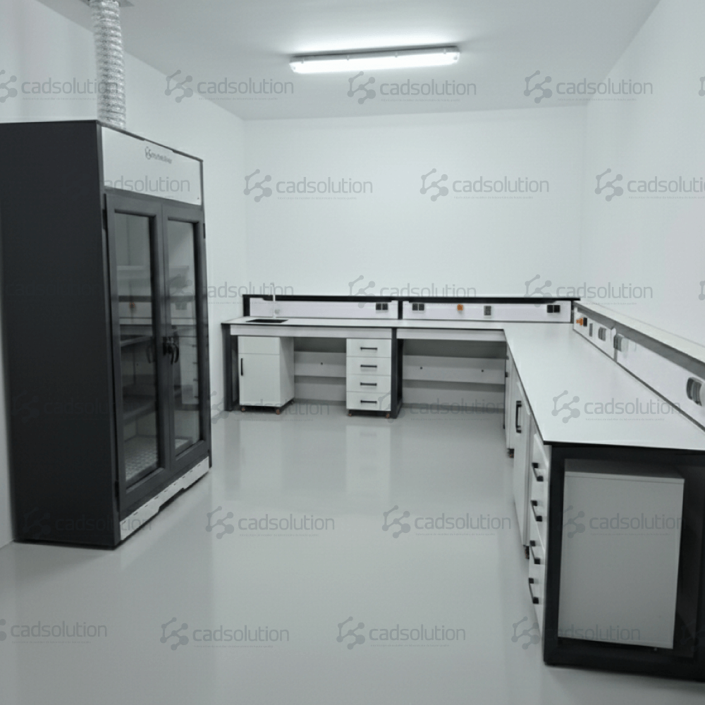 Aménagement laboratoire Oran avec paillasses murales en L et goulotte électrique.