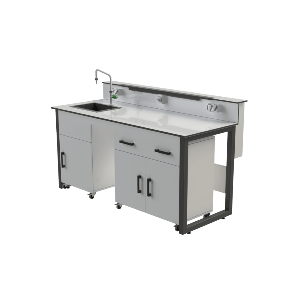 Paillasse murale de laboratoire avec dosseret technique et tablette supérieure.