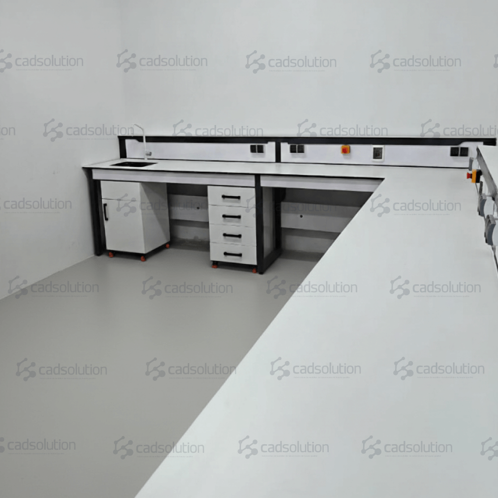 Aménagement laboratoire Oran avec paillasses murales en L et goulotte électrique.