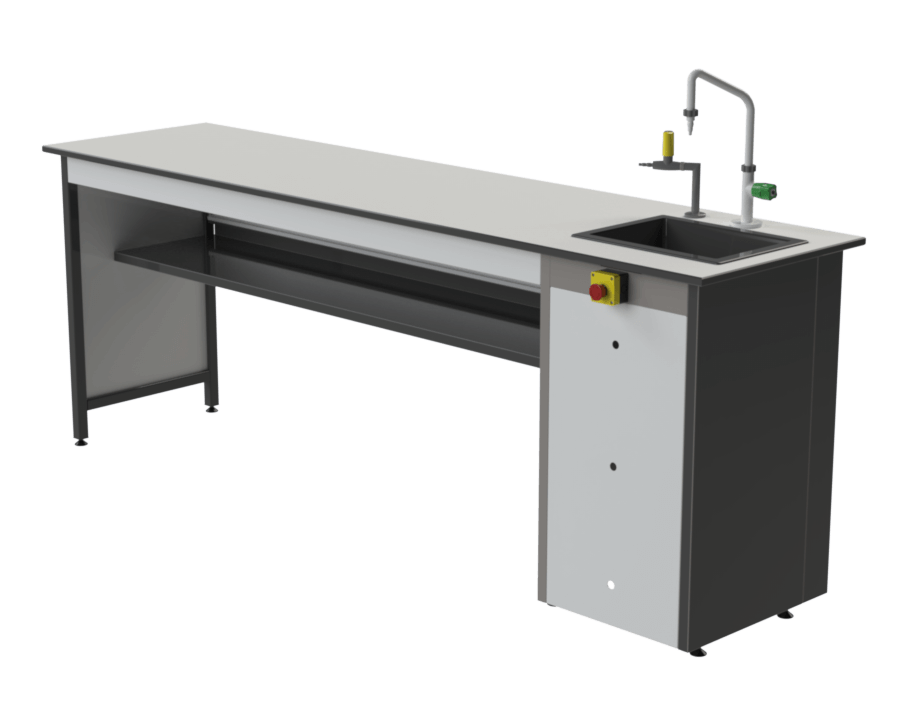 Paillasse professeur de laboratoire scolaire avec évier et plastron électrique latéral.