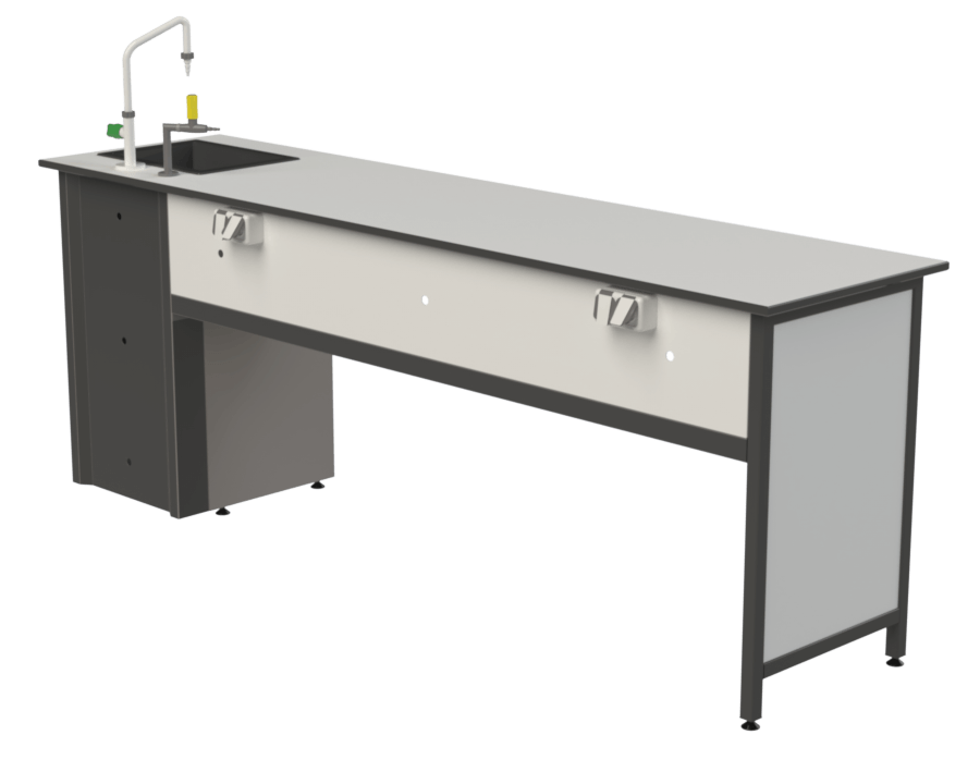 Paillasse professeur de laboratoire scolaire avec évier et plastron électrique latéral.