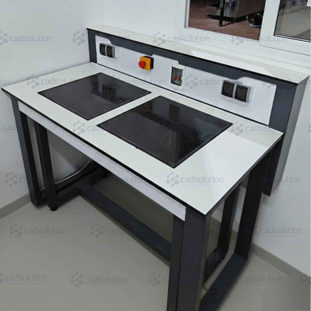 Table de pesée antivibratoire double poste avec marbre pour balance analytique.